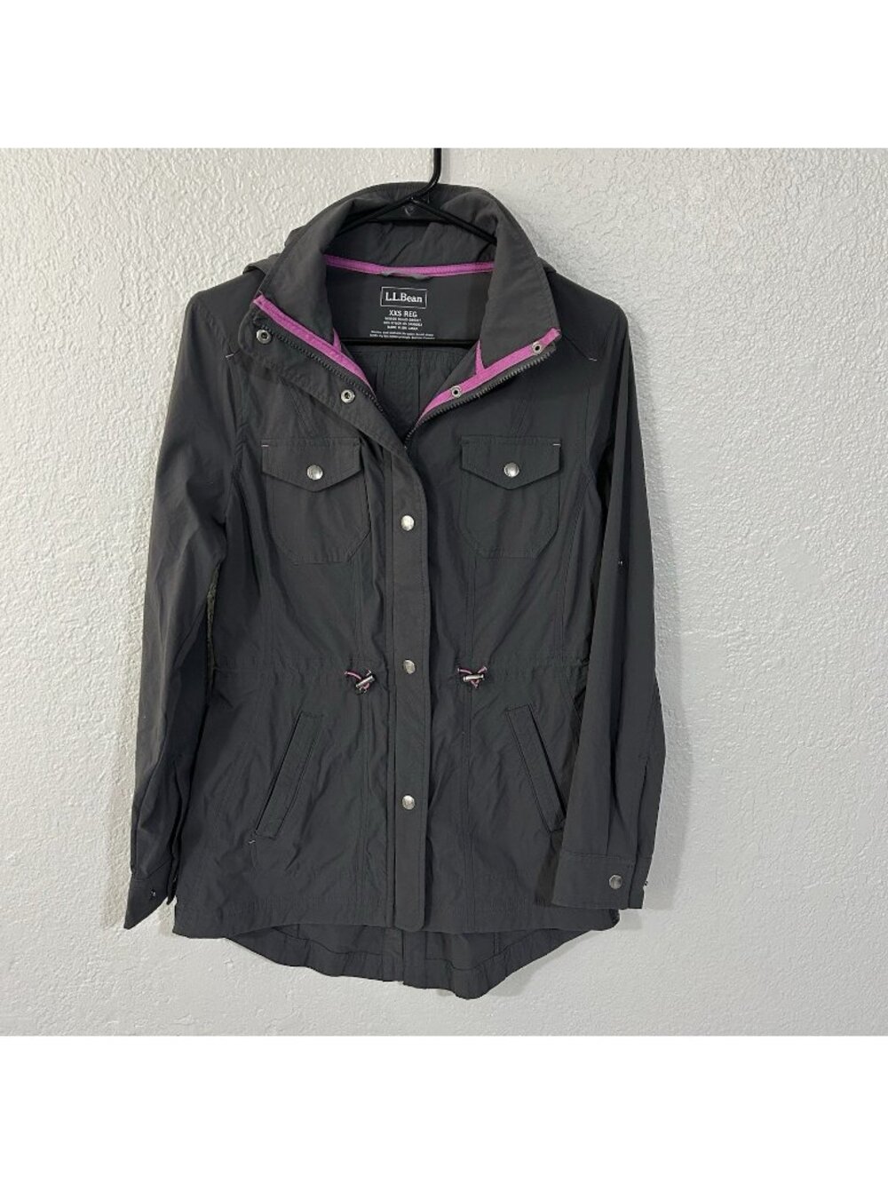 LLBean Womens XXS Gray Hooded Utility Jacket Drawstring Waist Snap Buttons EUC